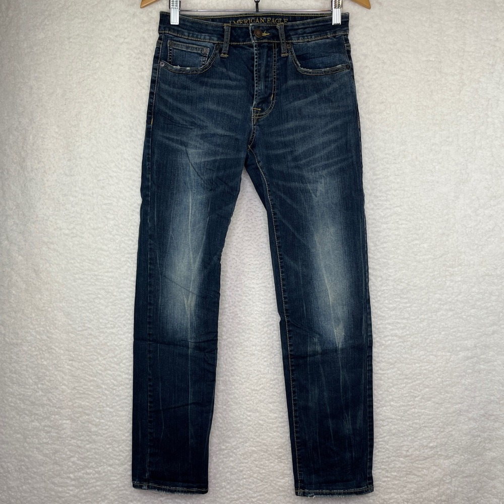 American Eagle Slim Straight Dark Wash Whiskered Denim Jeans Mens 29x32
